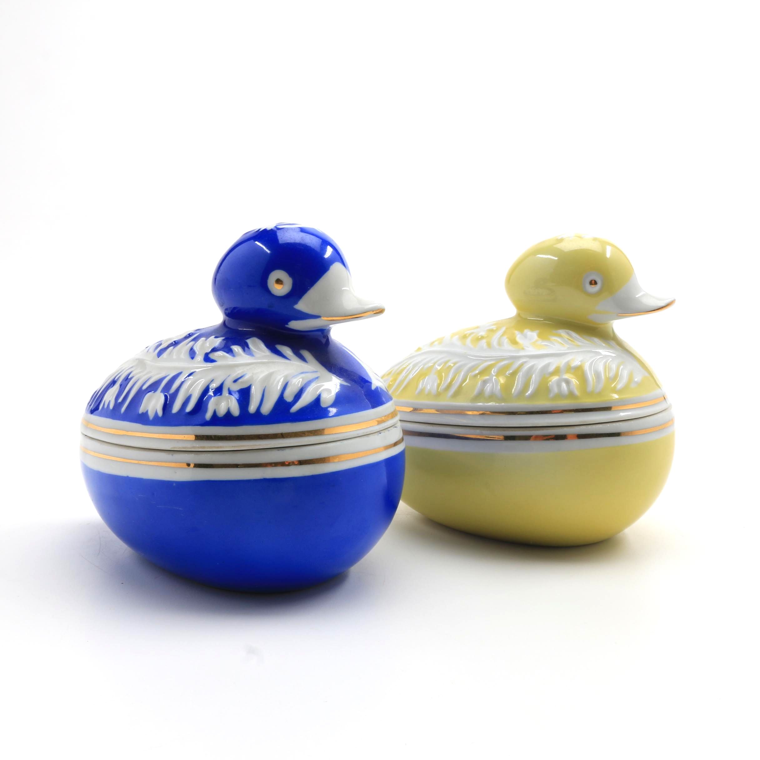 Two Hollohaza Porcelain Duck Trinket Boxes