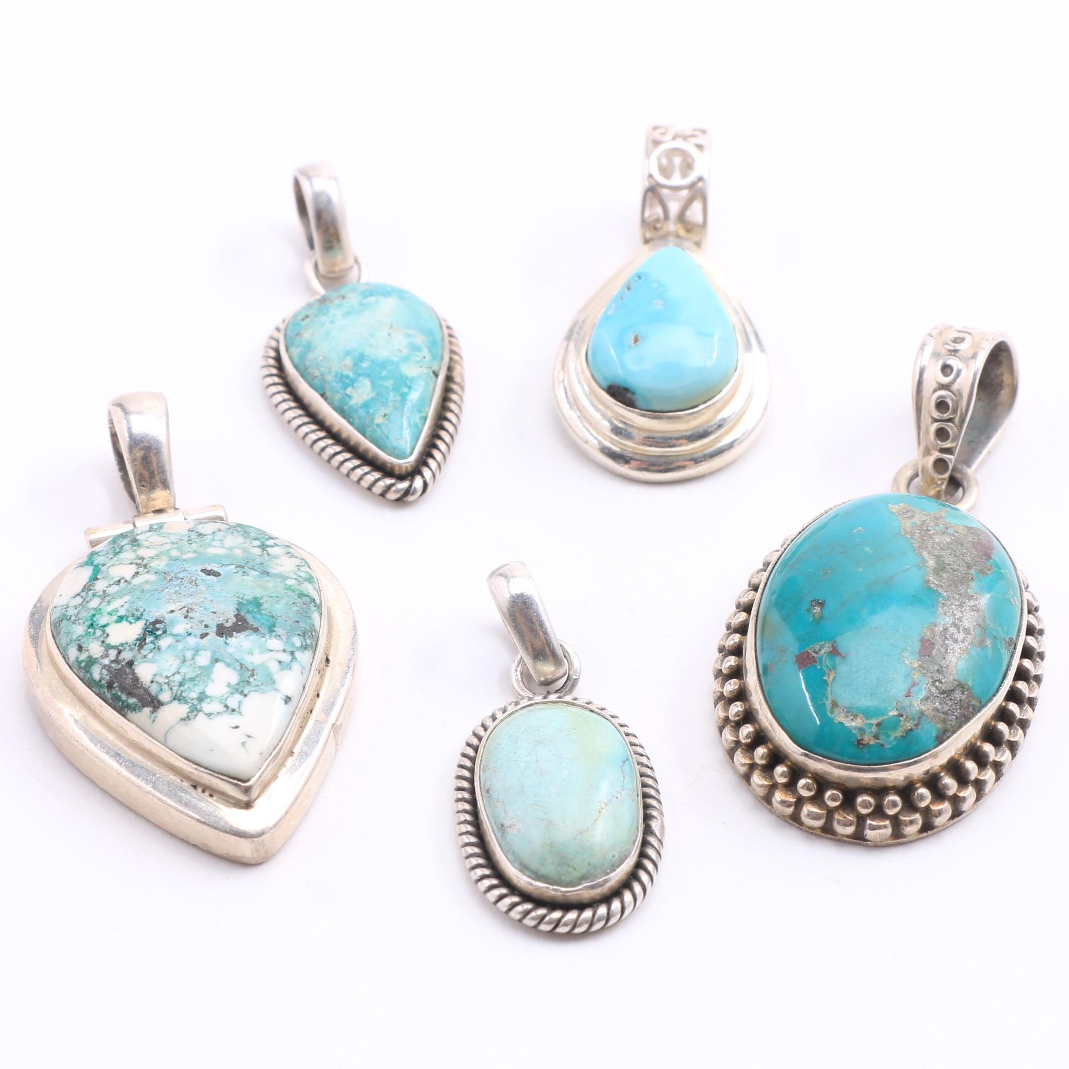 Five Sterling Silver and Turquoise Pendants