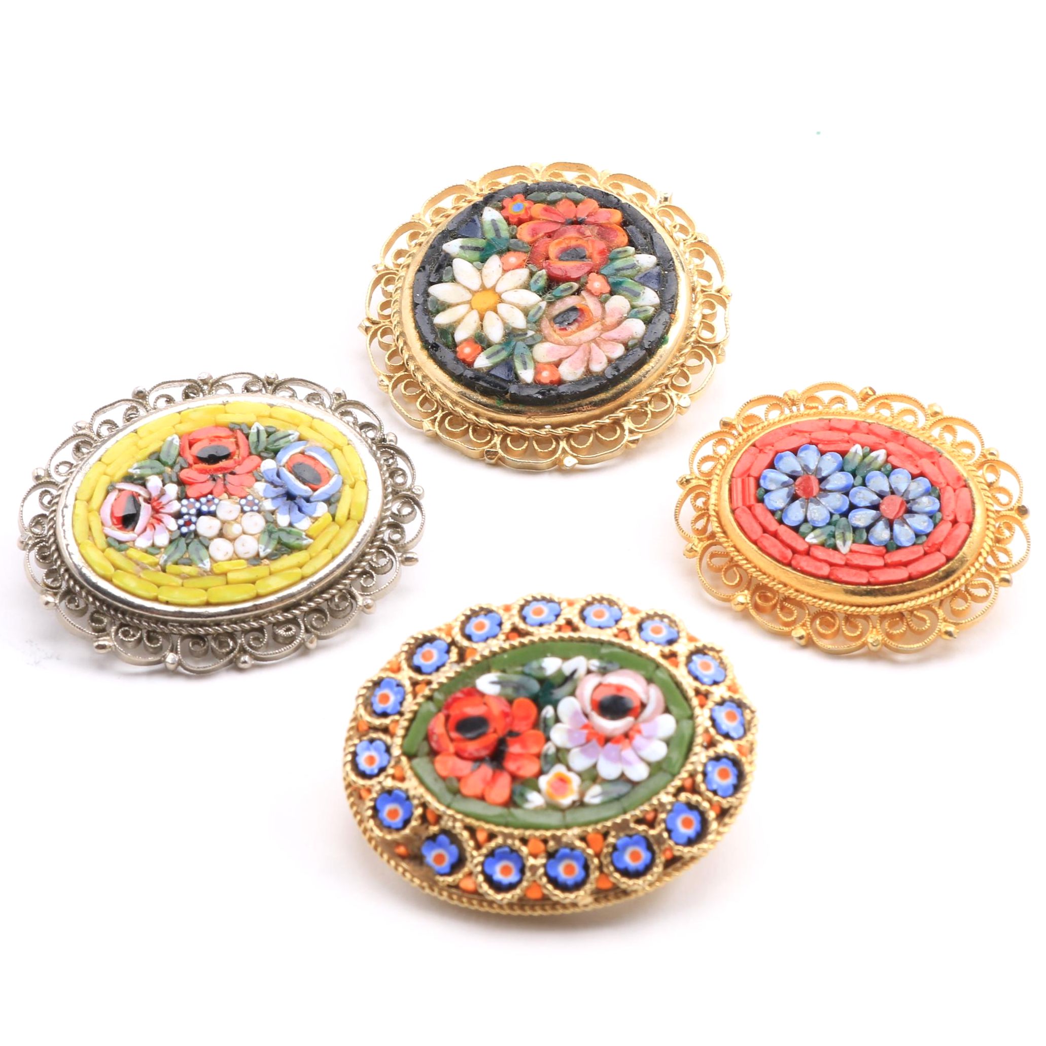 Four Italian Glass Mosaic Brooches