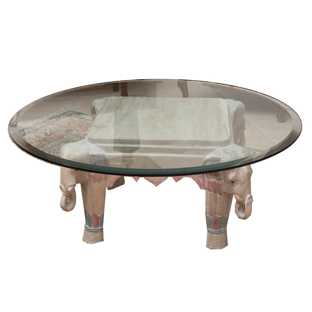 Coffee Table with Elephant Themed Base and Glass Top