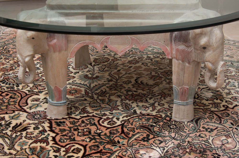 Coffee Table with Elephant Themed Base and Glass Top