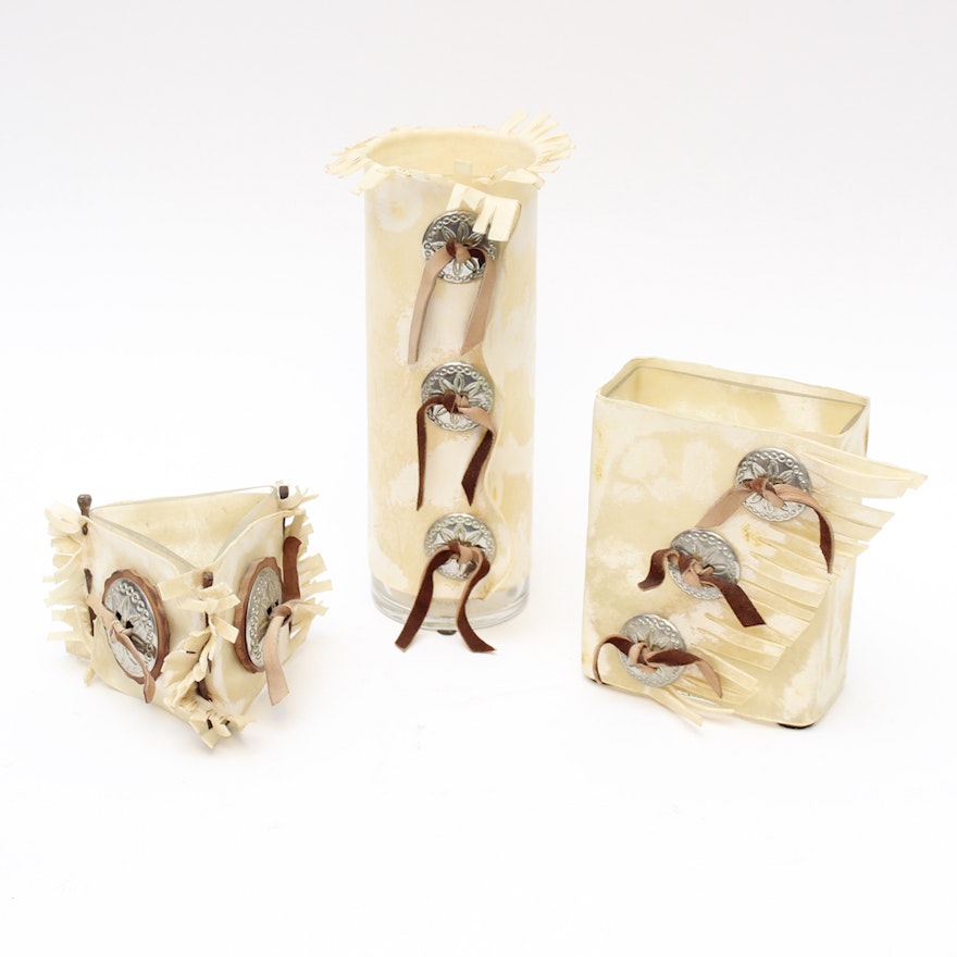 Assortment of Rawhide and Glass Vases