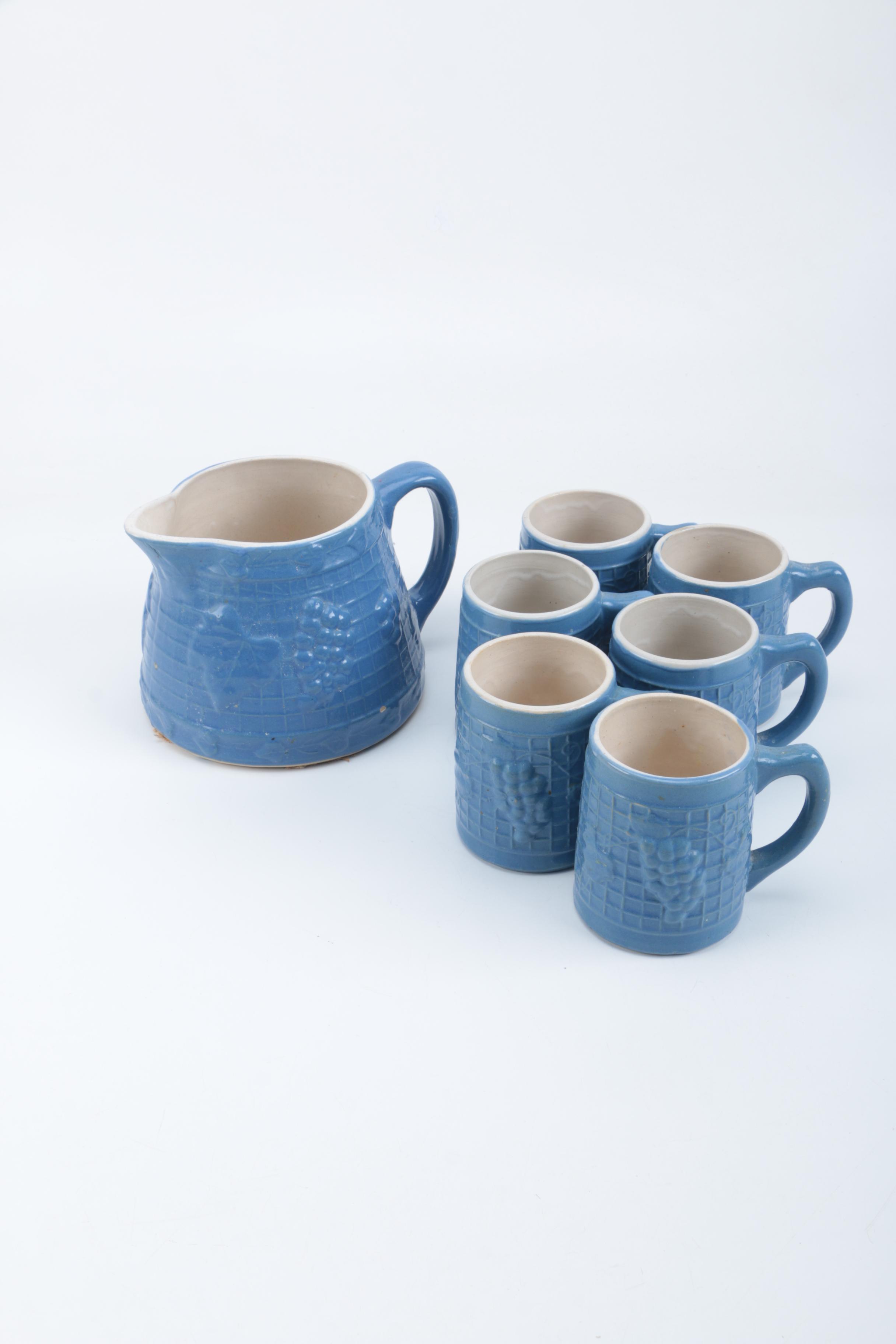 UHL Pottery Co. Blue Glazed Pitcher and Mug Set Circa 1920