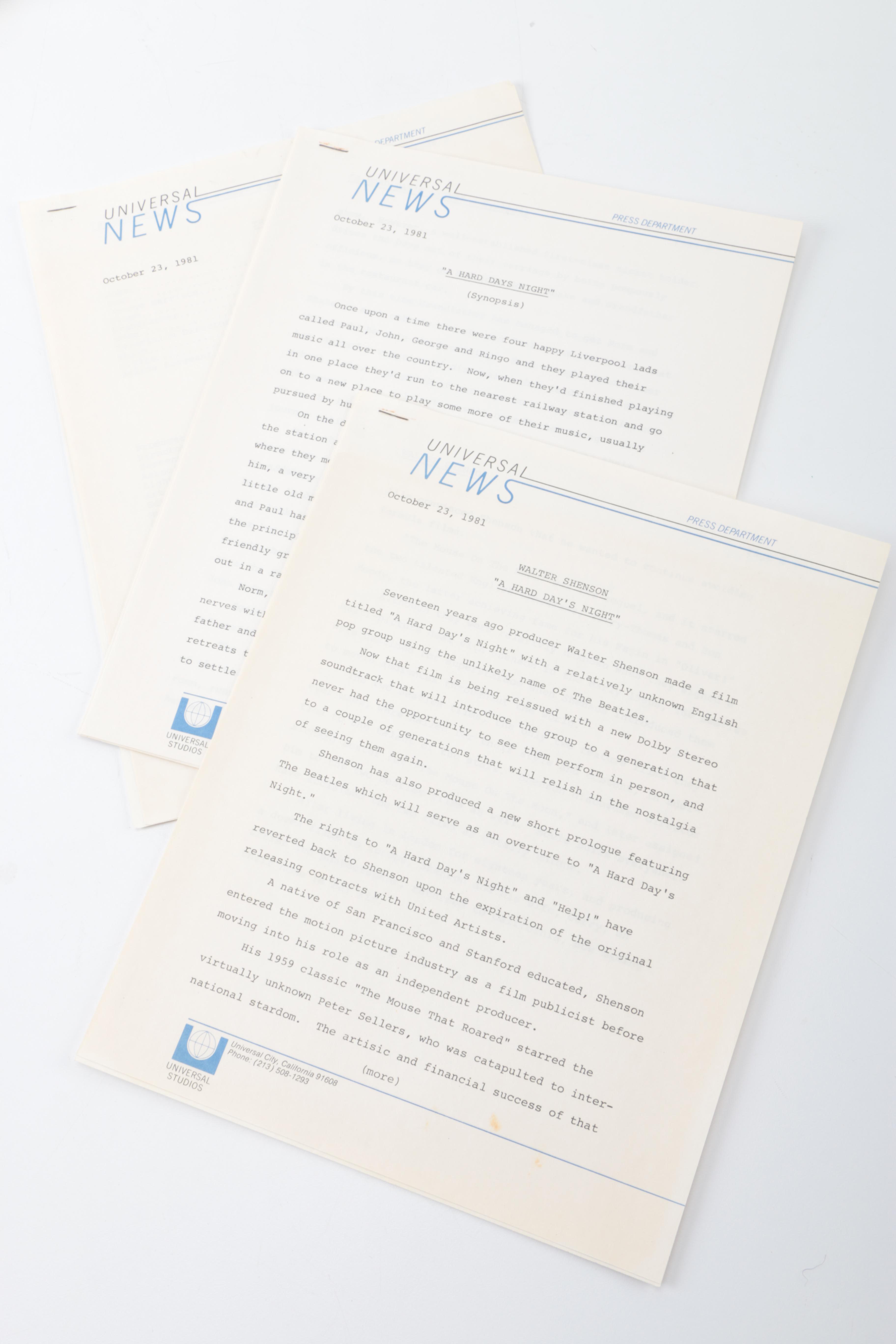 Vintage Beatles "A Hard Day's Night" Press Release Packet