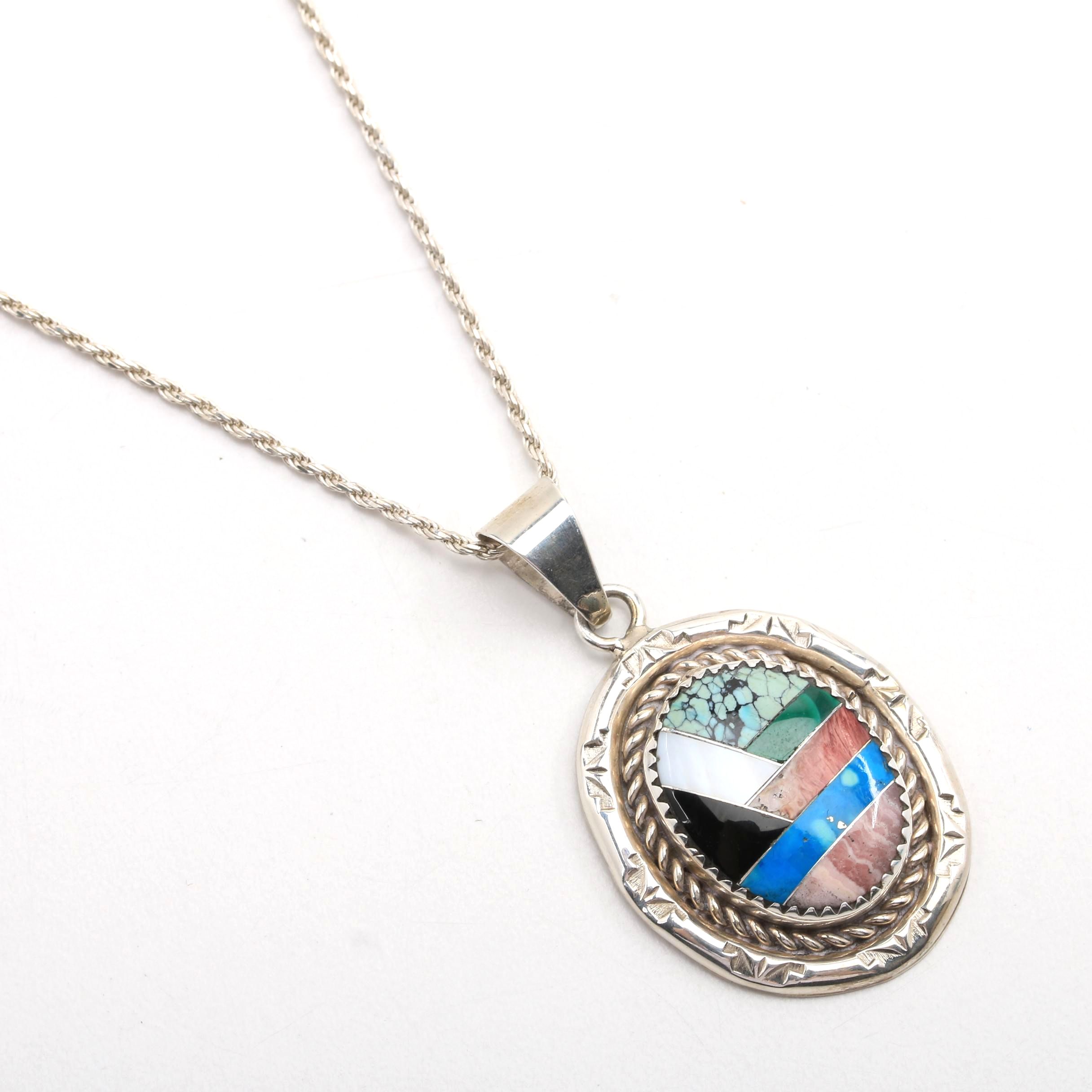 Melvin Thompson Navajo Sterling Silver Oval Pendant Necklace