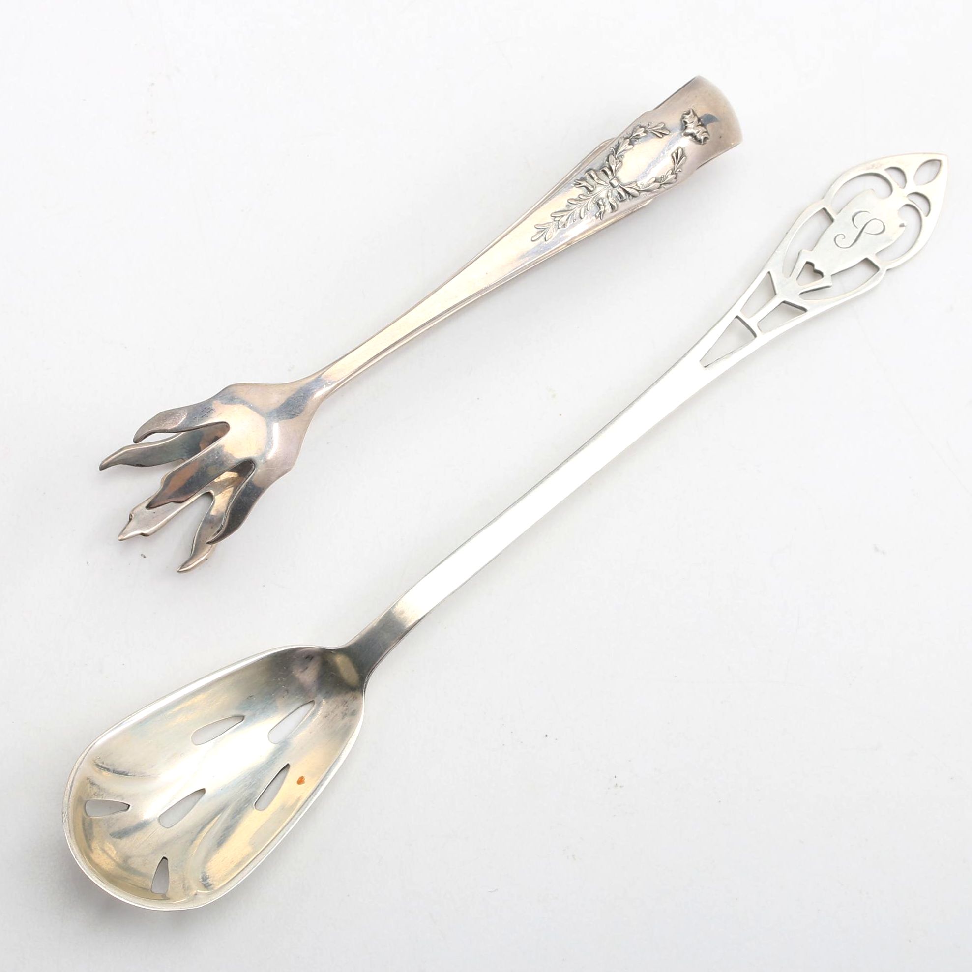 Whiting Mfg. Co. Sterling Tongs and Manchester Silver Co. Slotted Olive Spoon