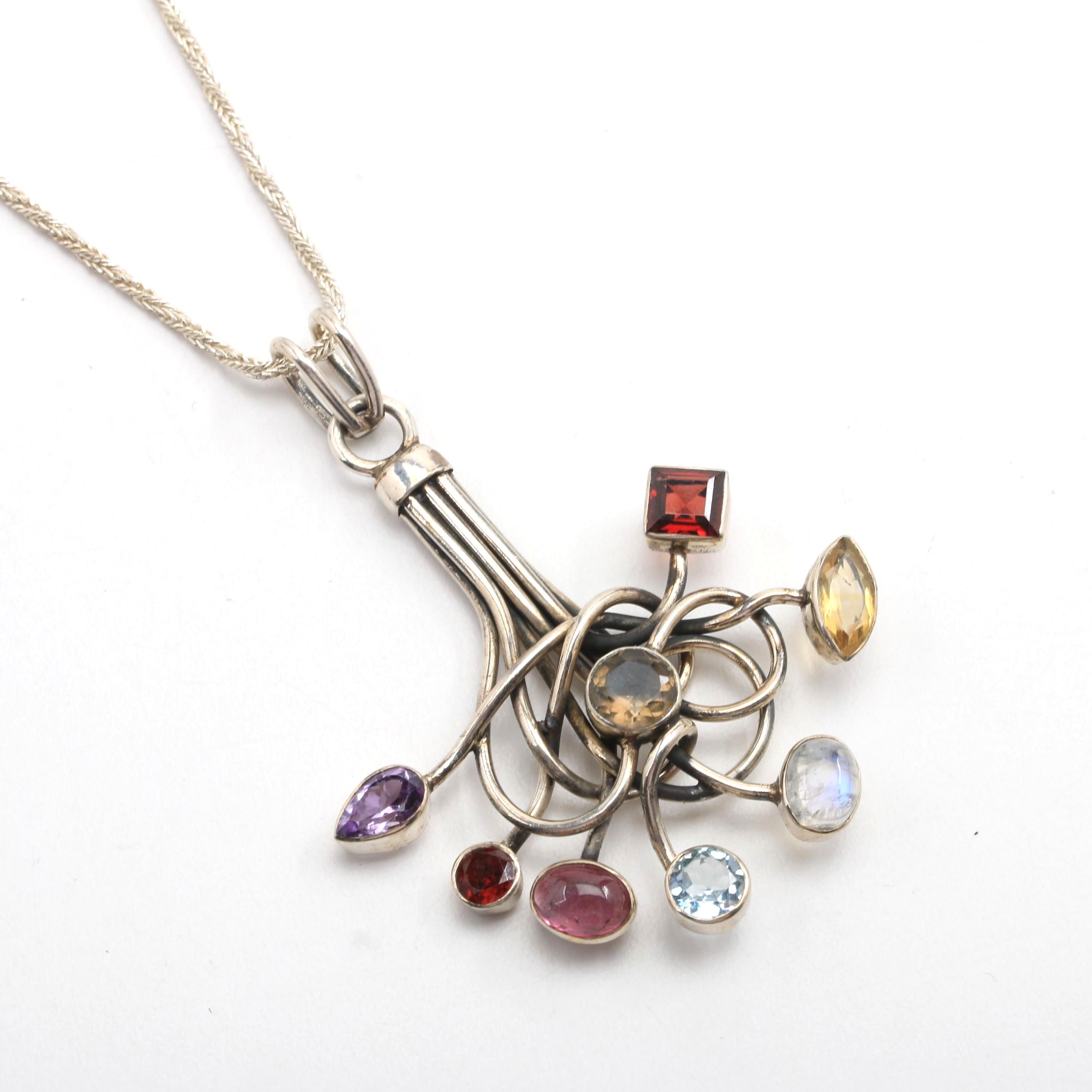 Sterling Multi Color Stone Pendant Chain Necklace
