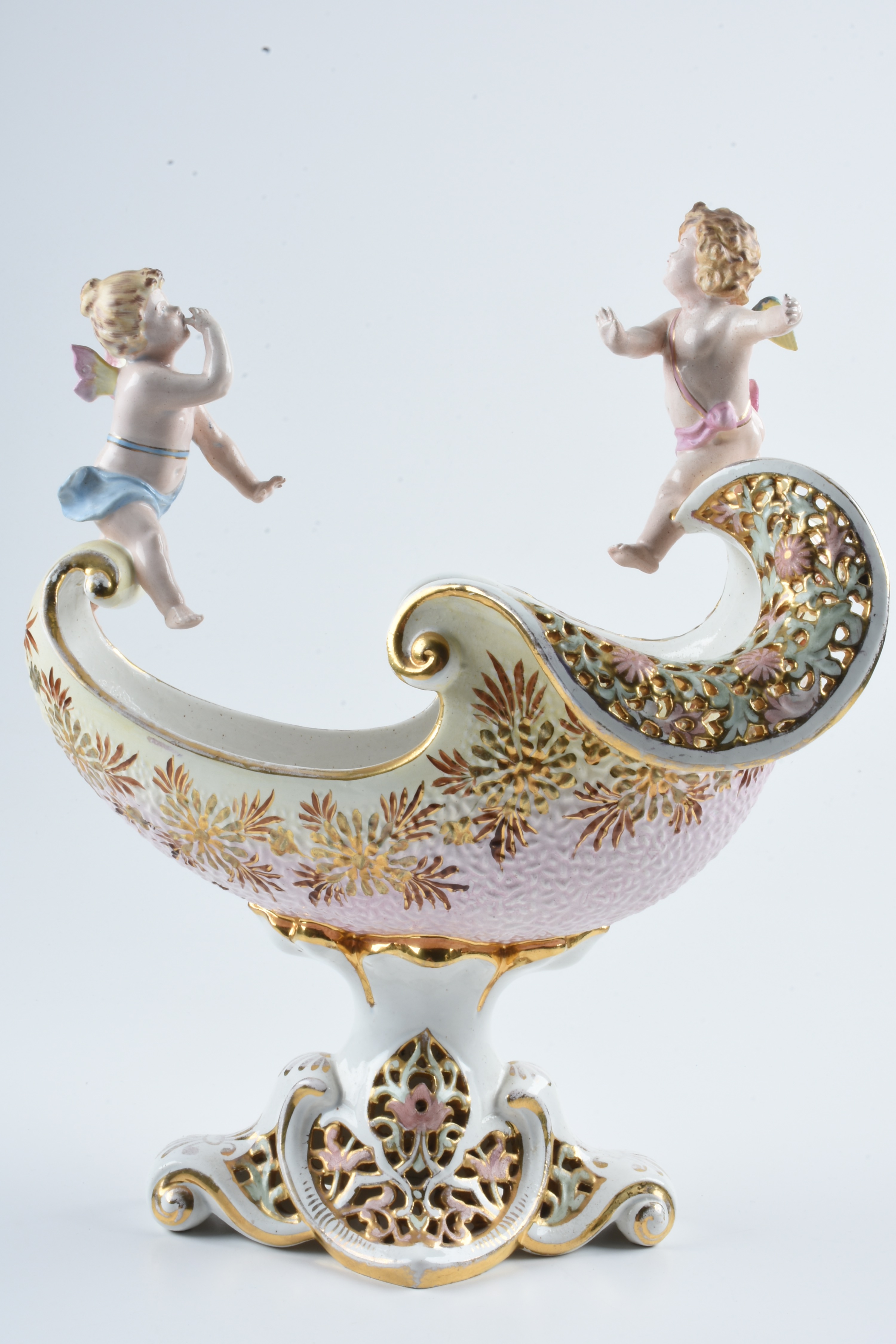 19th-Century Fischer J. Reticulated Ceramic Figural Console Bowl