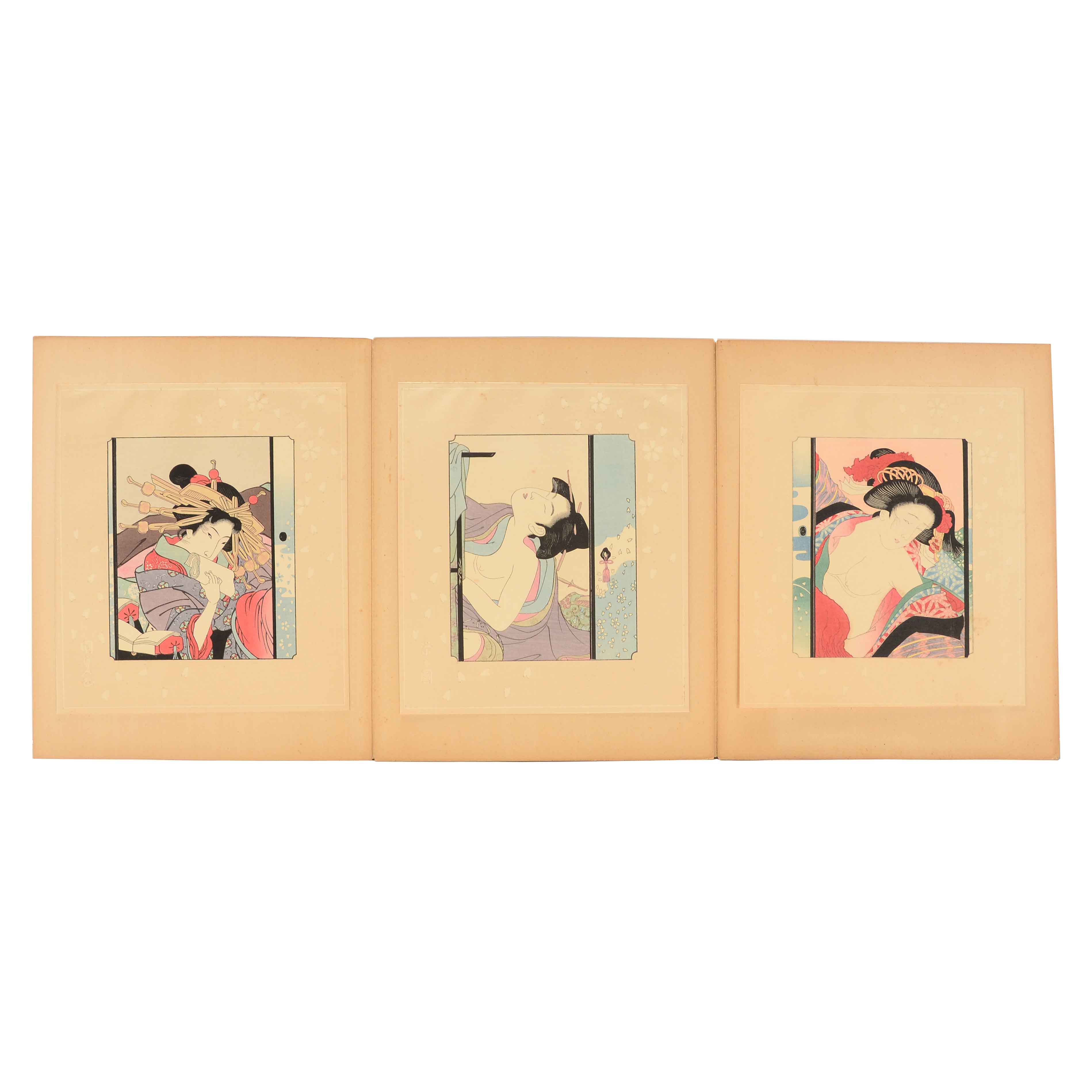 Three Partially-Nude Japanese Woodblock Portraits