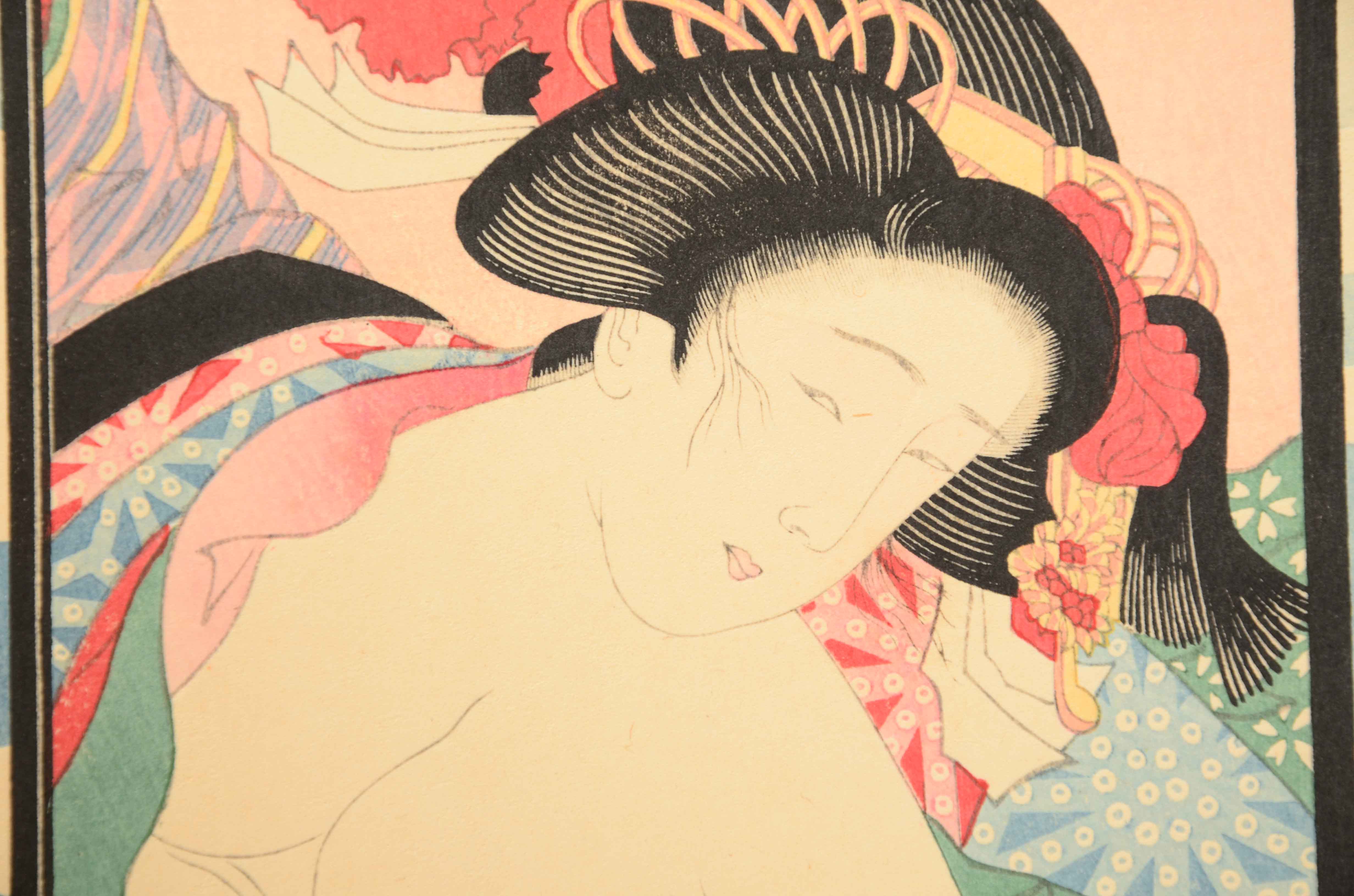 Three Partially-Nude Japanese Woodblock Portraits