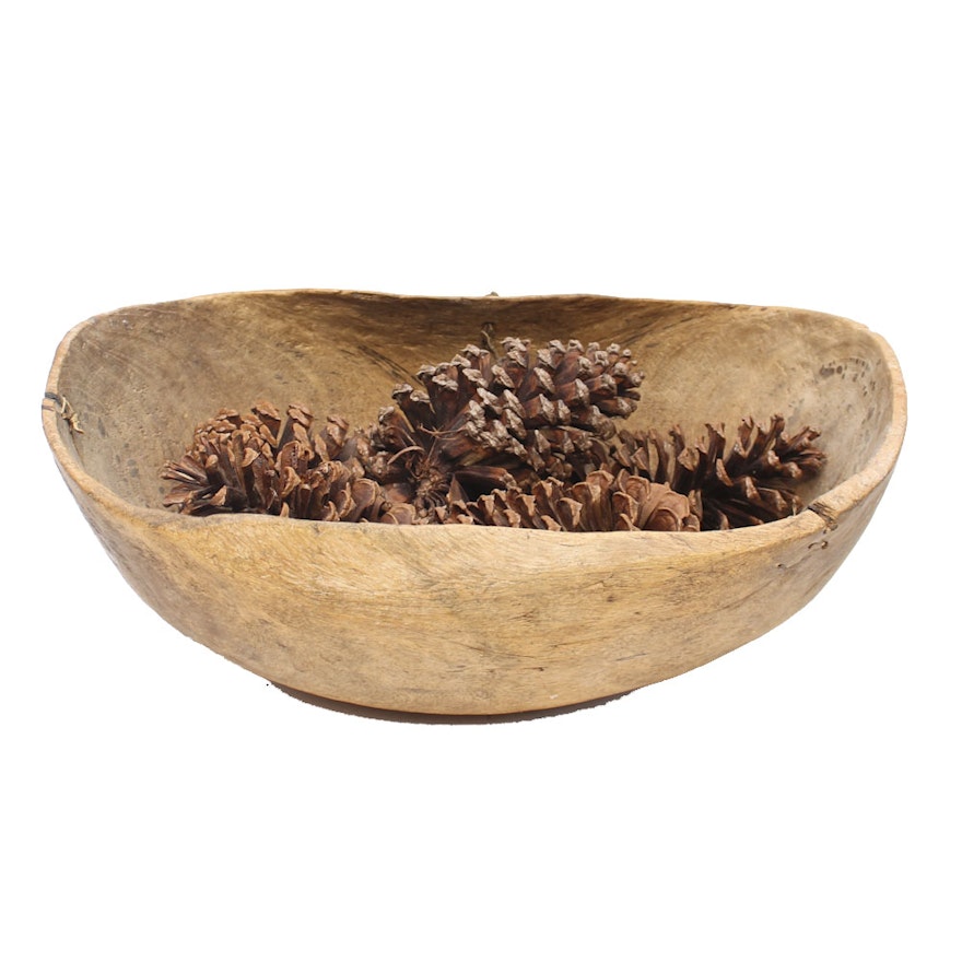 Carved Wooden Bowl with Pinecone Decor