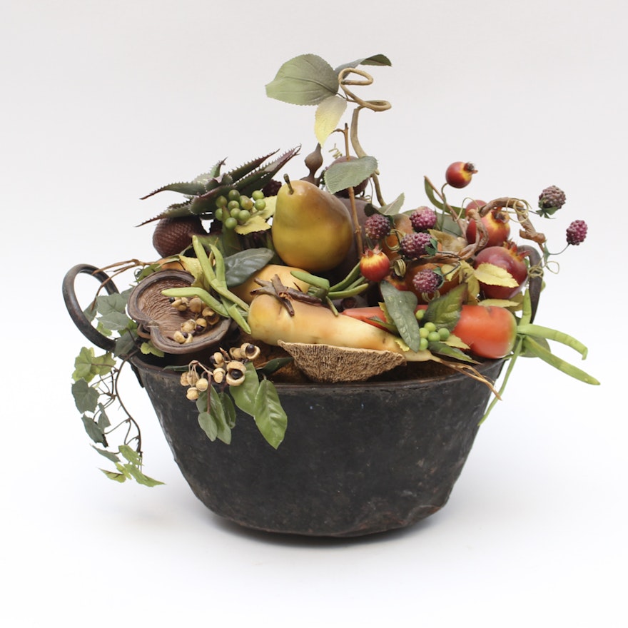 Faux Floral Arrangement in Vintage Metal Pot