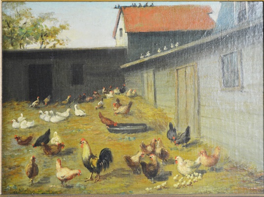 Howard L. Hill Original Oil Painting "Fowls in the Yard"