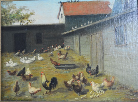 Howard L. Hill Original Oil Painting "Fowls in the Yard"