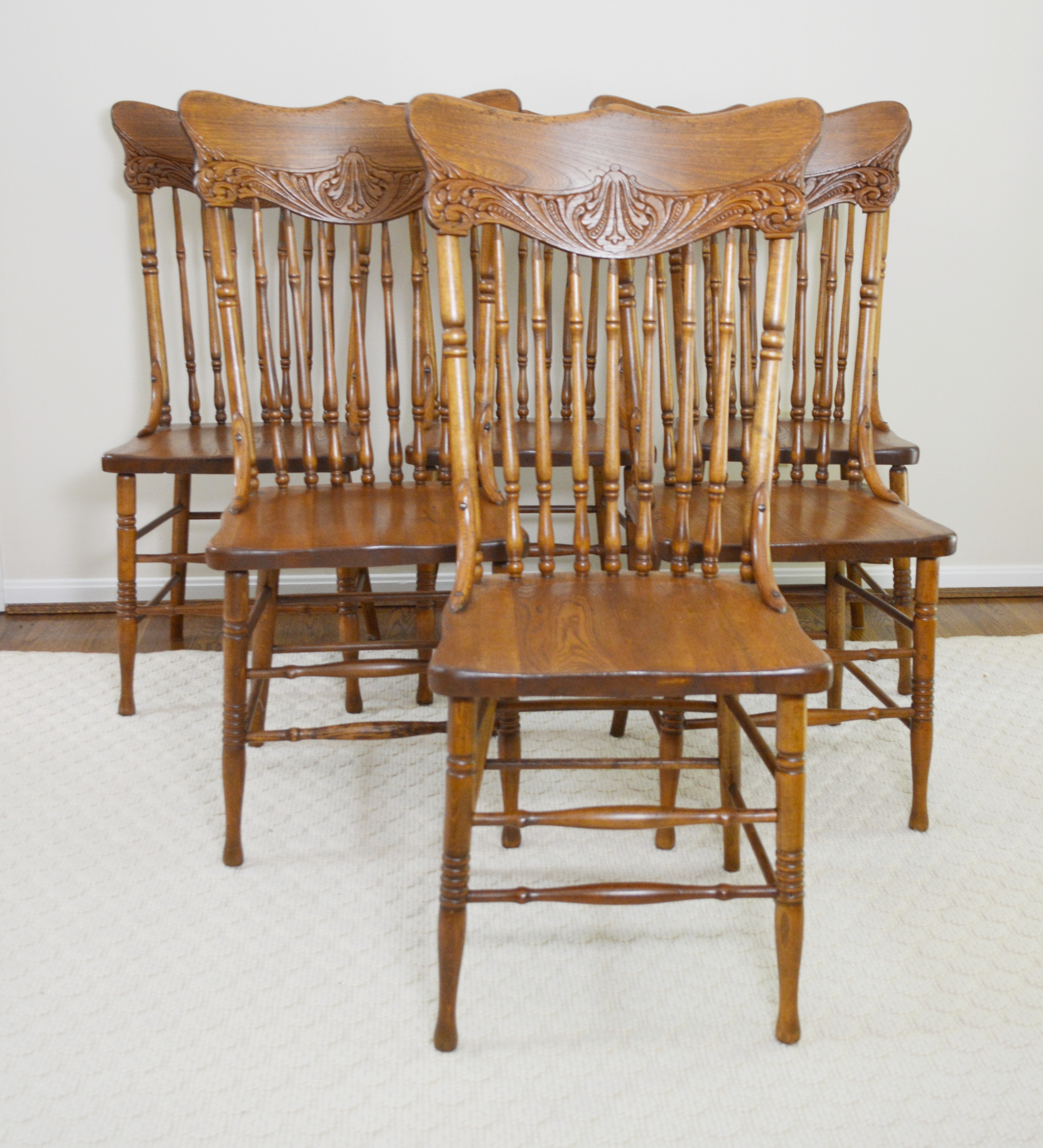 Six Vintage Carved Oak Dining Chairs