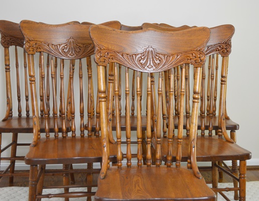 Six Vintage Carved Oak Dining Chairs