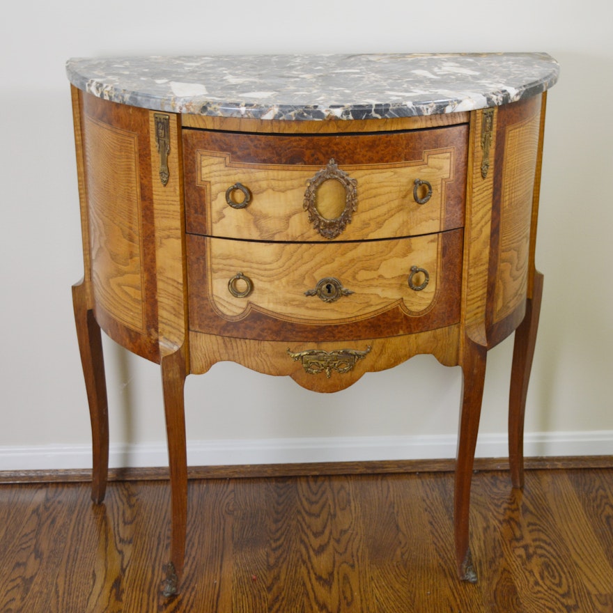 Vintage Marble and Oak Demilune Commode