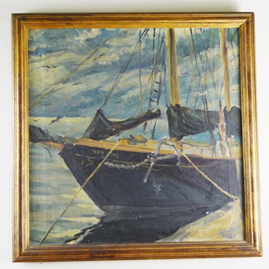 Janzan Original Oil Painting of Sea King Sailboat ***