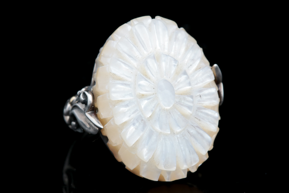 Robert Manse Sterling Silver and 18K Yellow Gold Carved Shell Ring