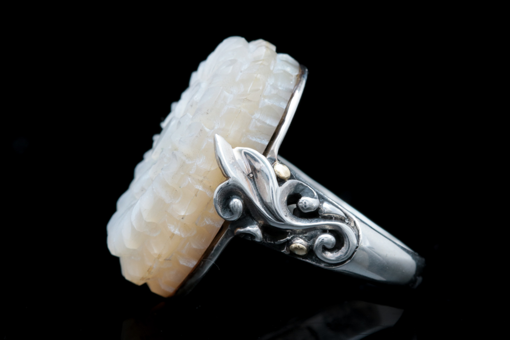 Robert Manse Sterling Silver and 18K Yellow Gold Carved Shell Ring