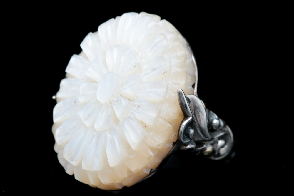 Robert Manse Sterling Silver and 18K Yellow Gold Carved Shell Ring