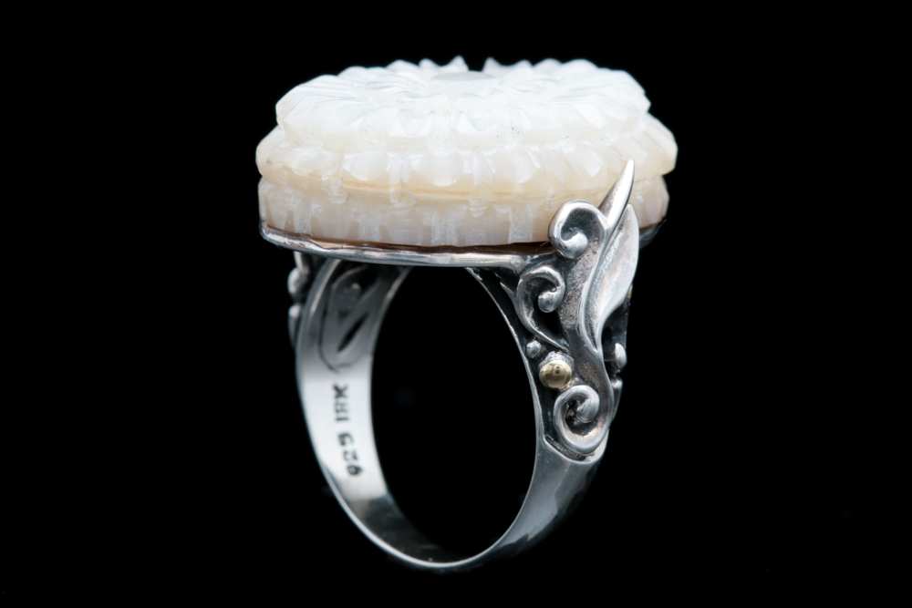 Robert Manse Sterling Silver and 18K Yellow Gold Carved Shell Ring