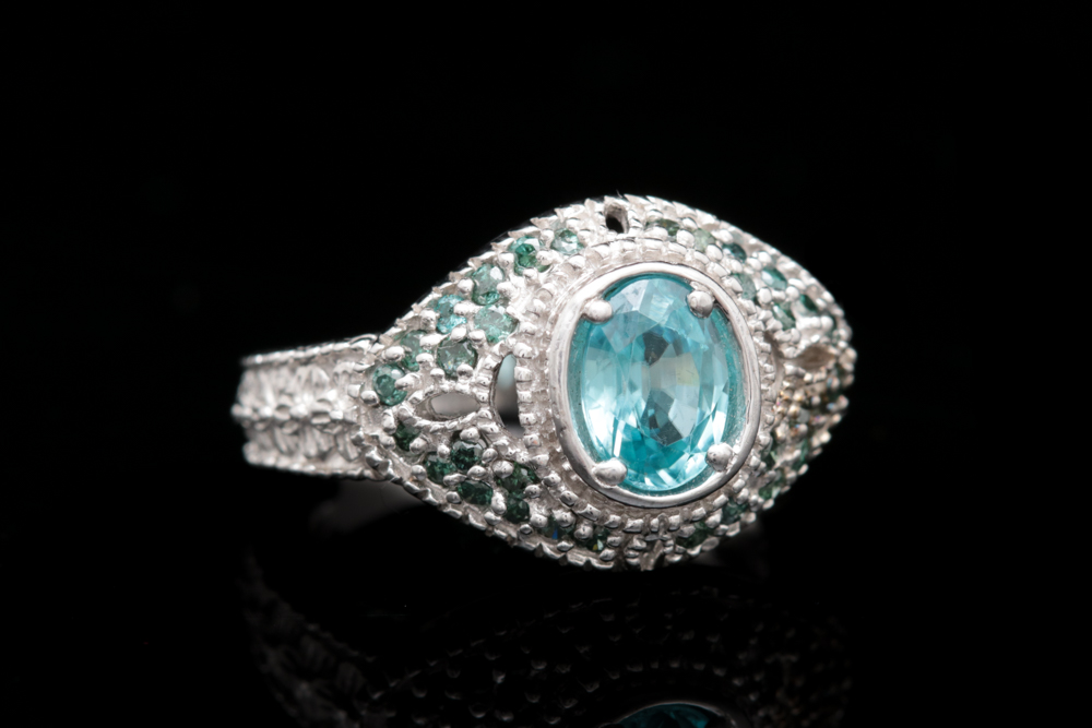 Sterling Silver Blue Zircon and Treated Diamond Ring
