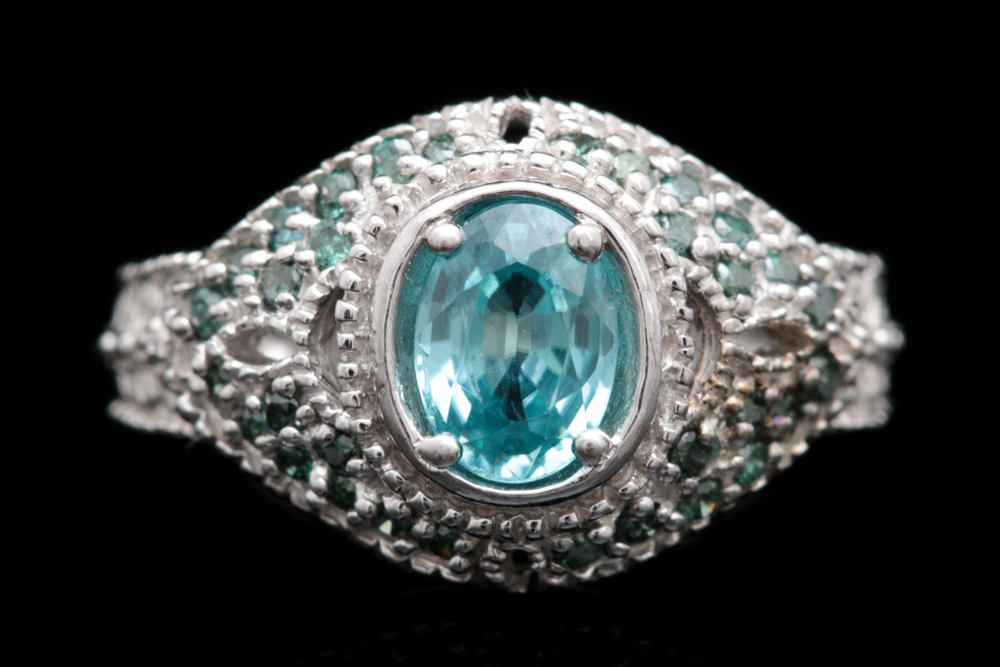 Sterling Silver Blue Zircon and Treated Diamond Ring