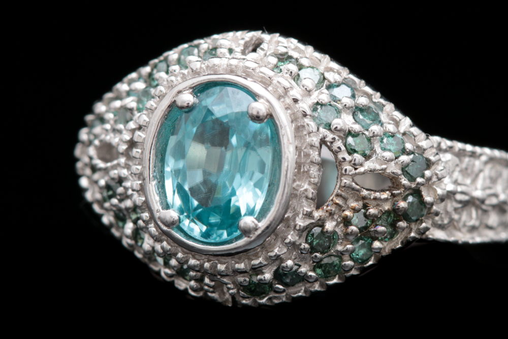 Sterling Silver Blue Zircon and Treated Diamond Ring