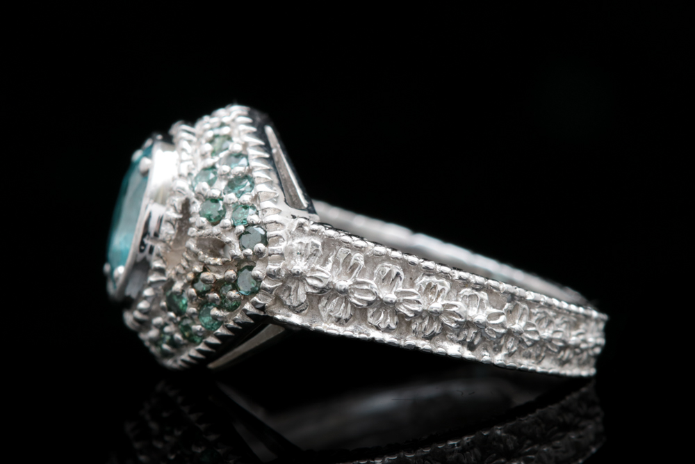 Sterling Silver Blue Zircon and Treated Diamond Ring