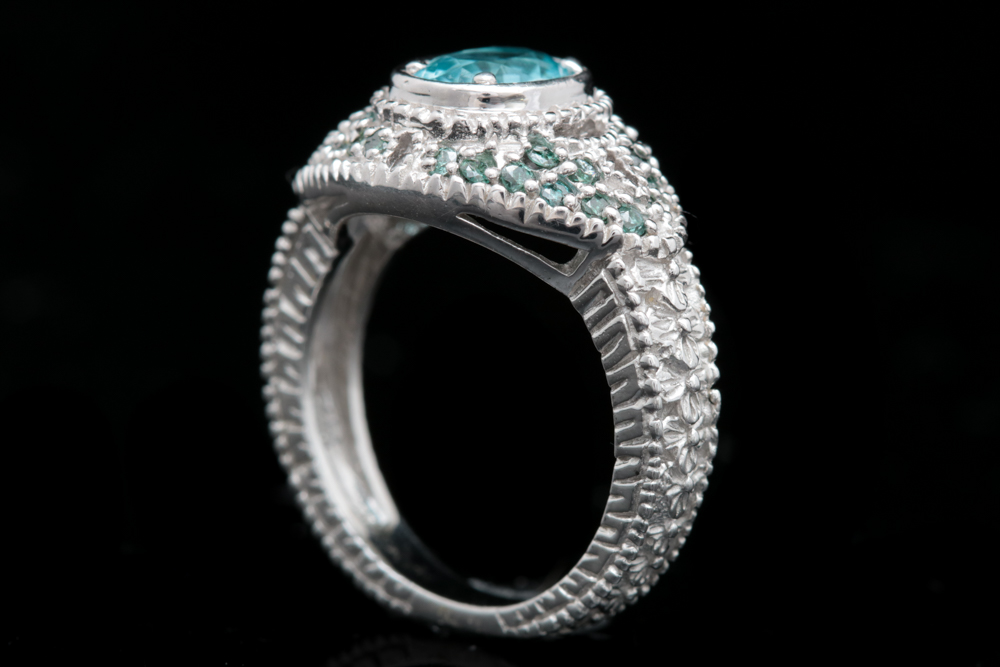 Sterling Silver Blue Zircon and Treated Diamond Ring