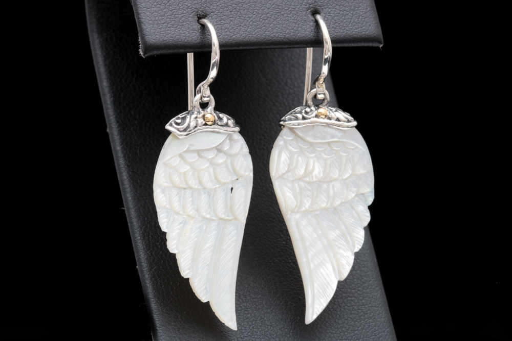 Robert Manse Sterling Silver and 18K Yellow Gold Carved Mother of Pearl Earrings