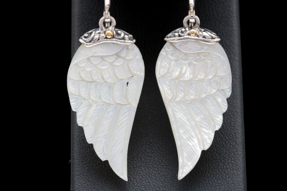 Robert Manse Sterling Silver and 18K Yellow Gold Carved Mother of Pearl Earrings