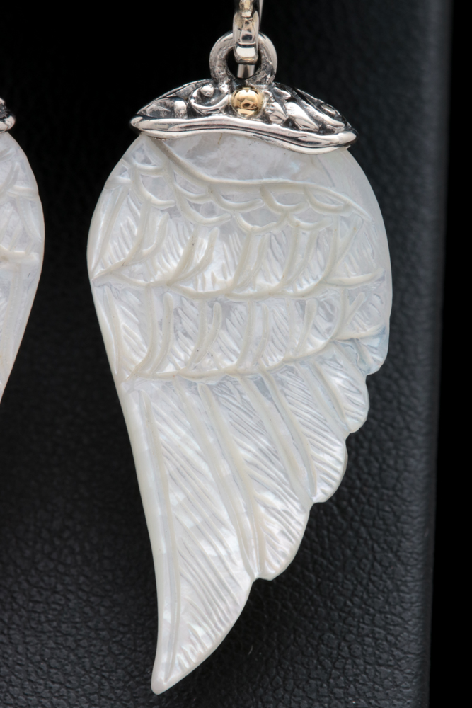 Robert Manse Sterling Silver and 18K Yellow Gold Carved Mother of Pearl Earrings