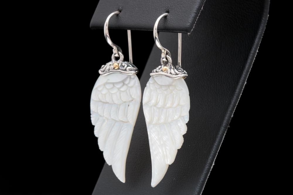 Robert Manse Sterling Silver and 18K Yellow Gold Carved Mother of Pearl Earrings