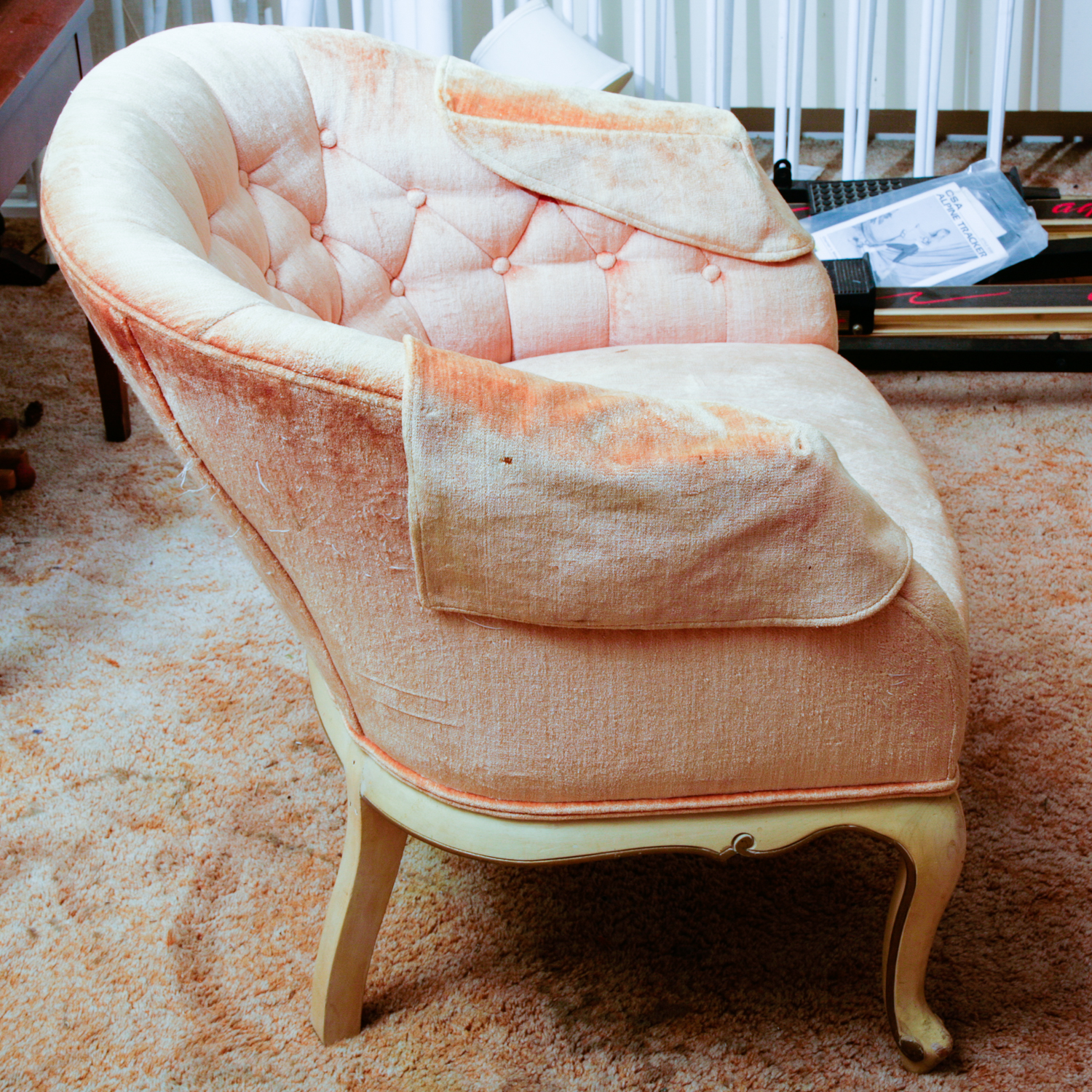 Vintage Orange Velour Louis XV Style Barrel Chair
