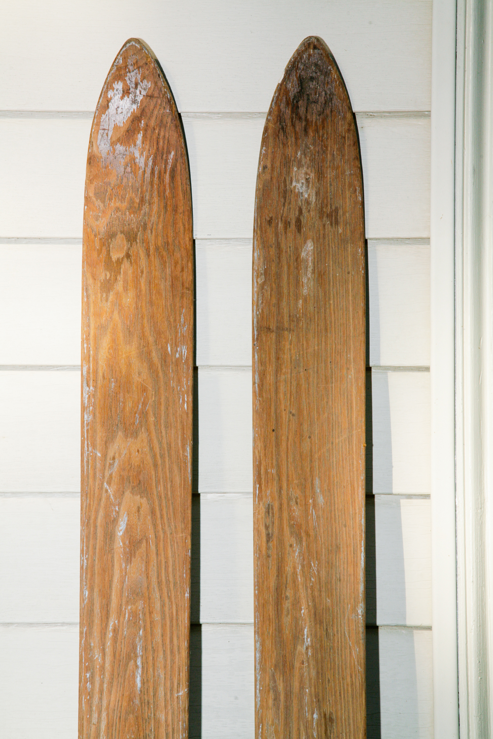 Pair of Vintage Wooden Skis with Poles