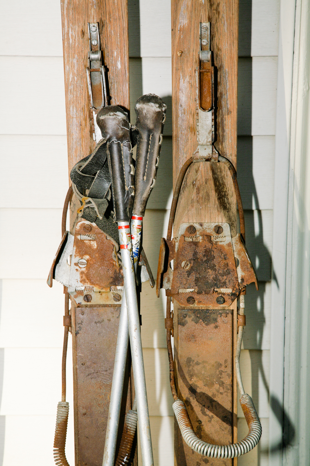 Pair of Vintage Wooden Skis with Poles