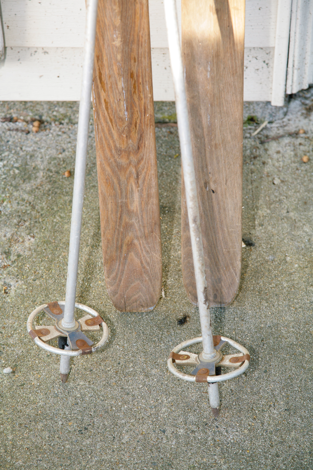 Pair of Vintage Wooden Skis with Poles