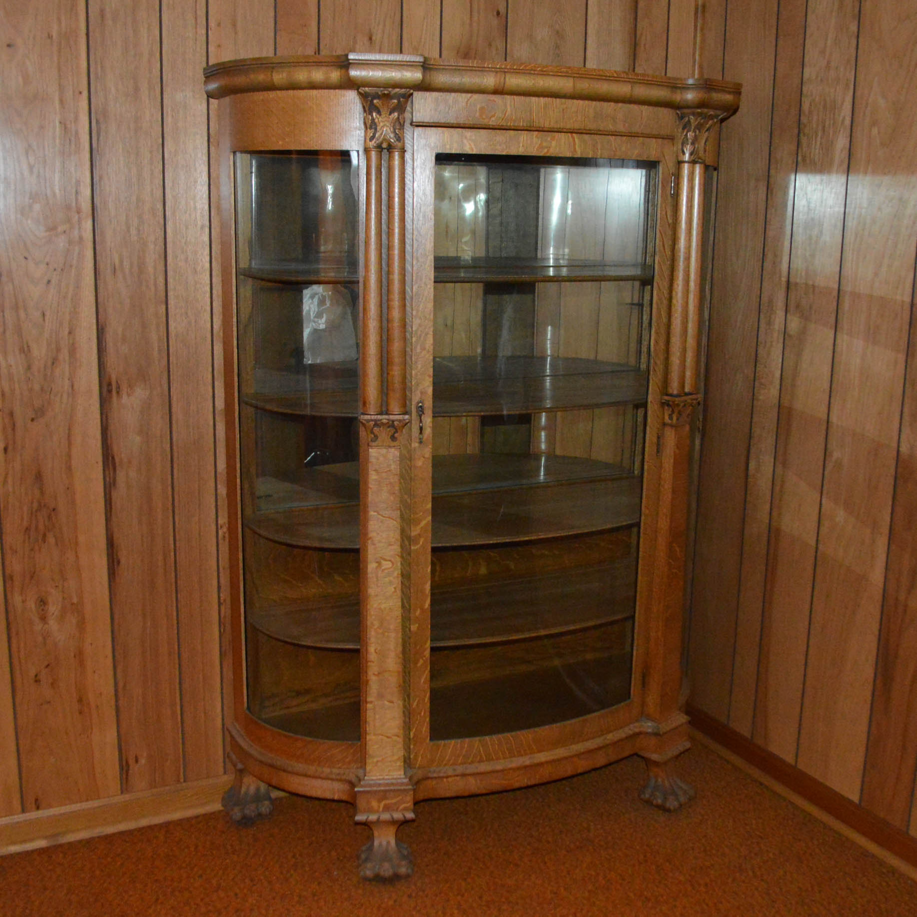Antique Victorian Quartersawn Oak and Glass Bowfront Curio Cabinet