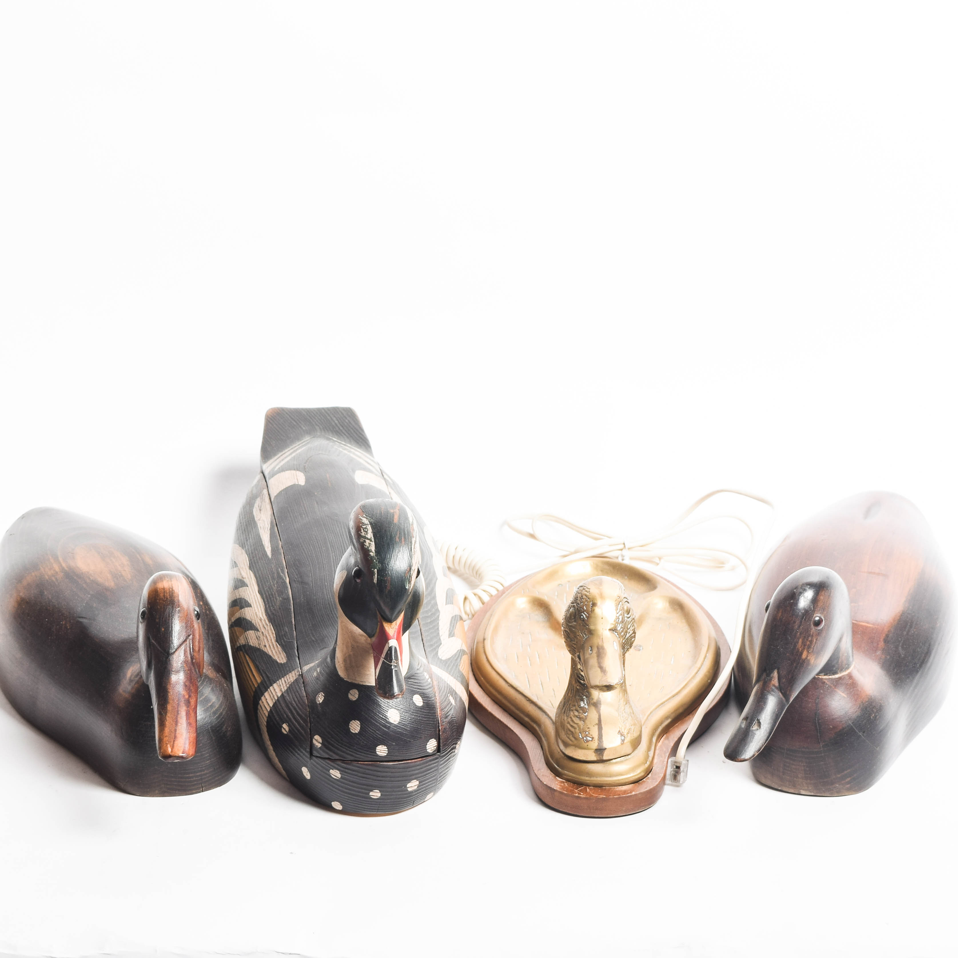 Duck Phone with Wooden Decoys and Brass Tray