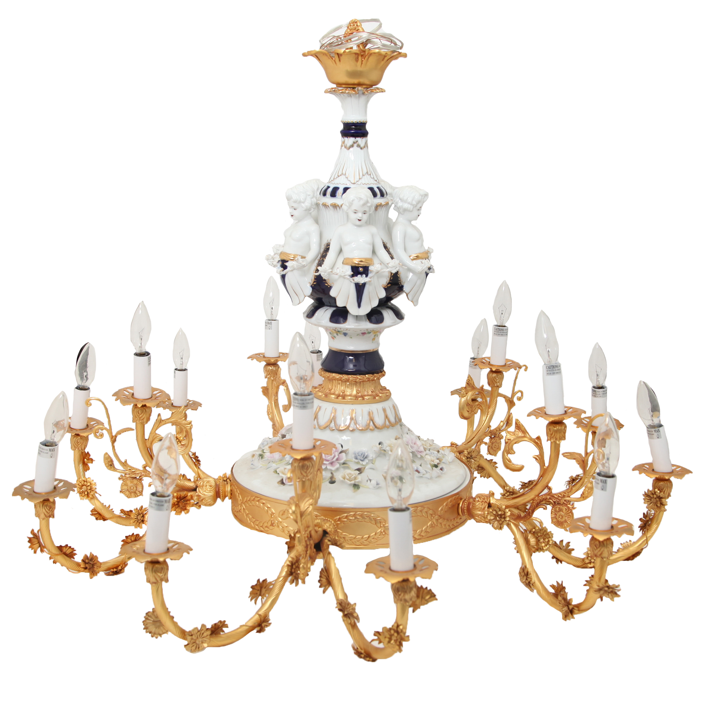 White and Gold Tone Porcelain and Metal Ceiling Mount Chandelier