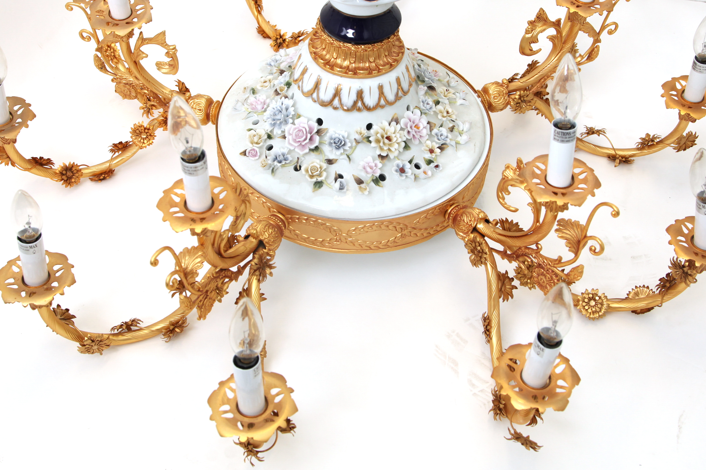 White and Gold Tone Porcelain and Metal Ceiling Mount Chandelier