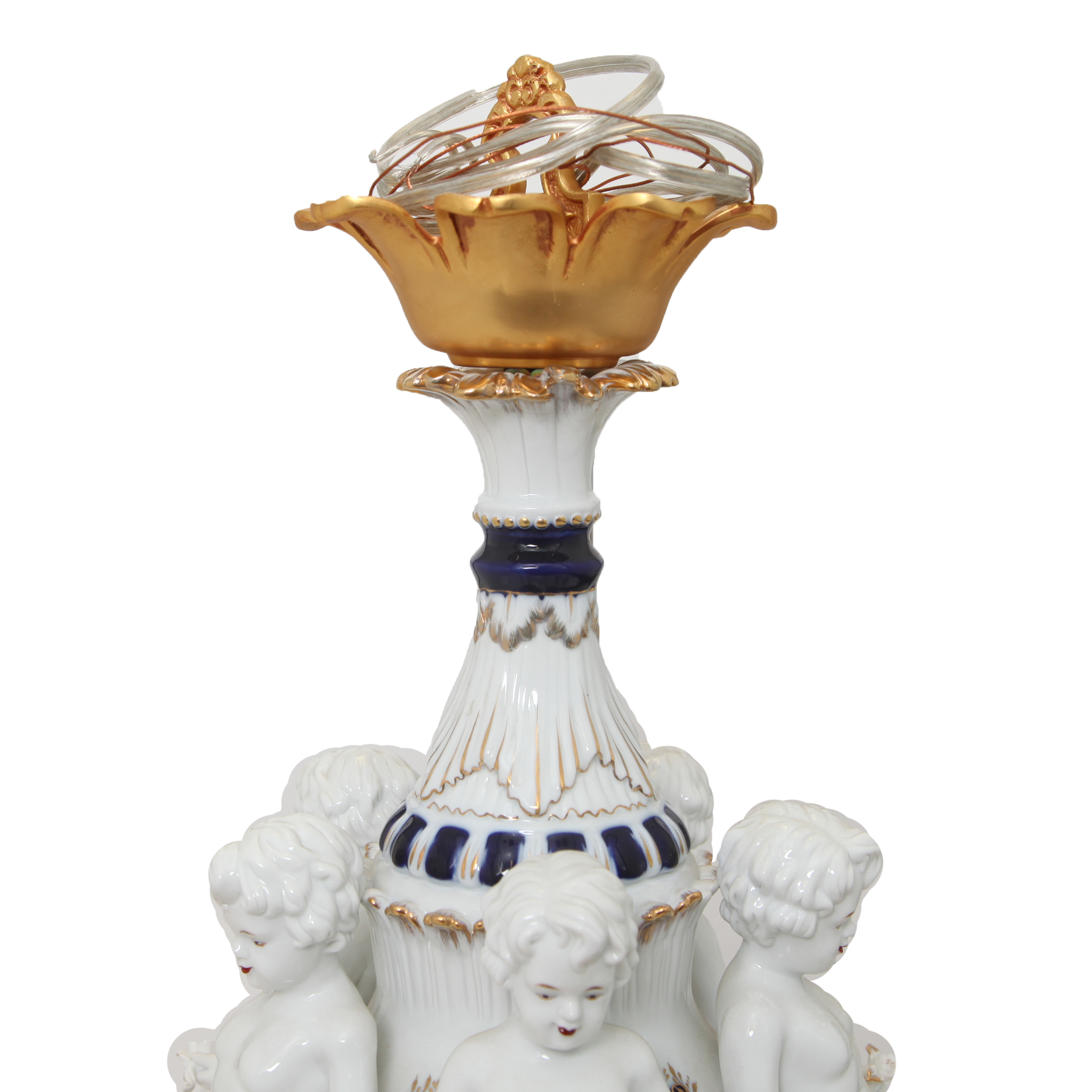 White and Gold Tone Porcelain and Metal Ceiling Mount Chandelier