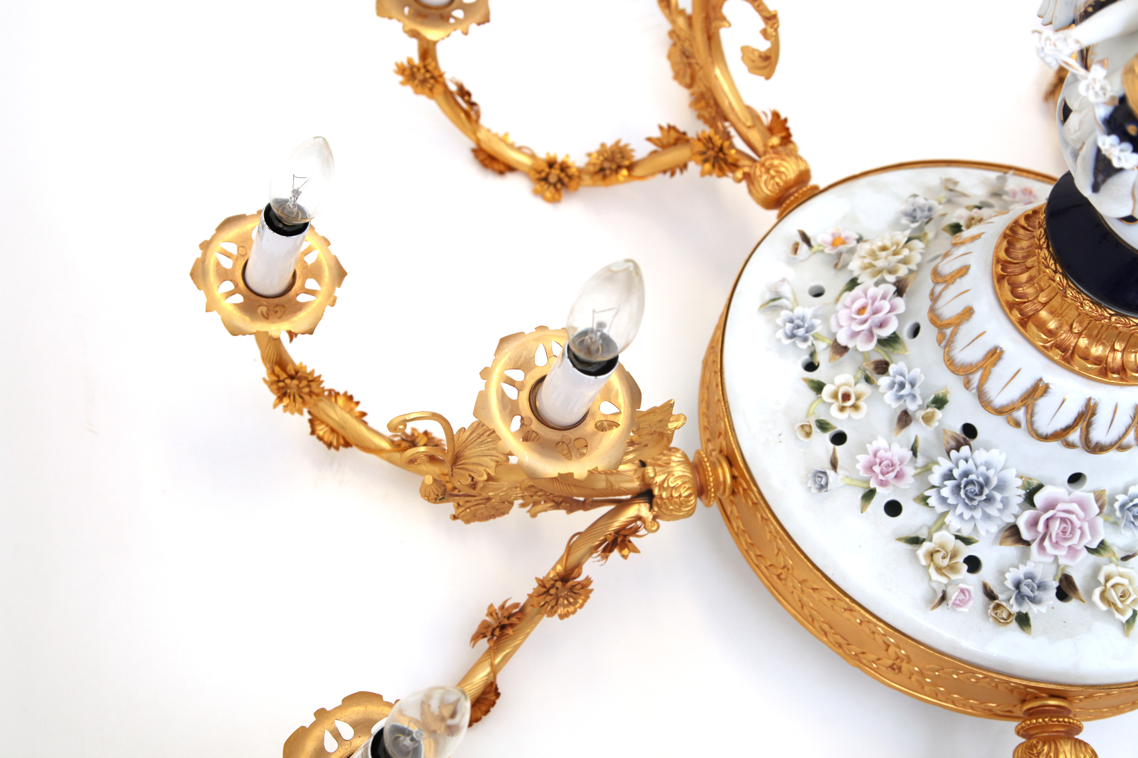 White and Gold Tone Porcelain and Metal Ceiling Mount Chandelier