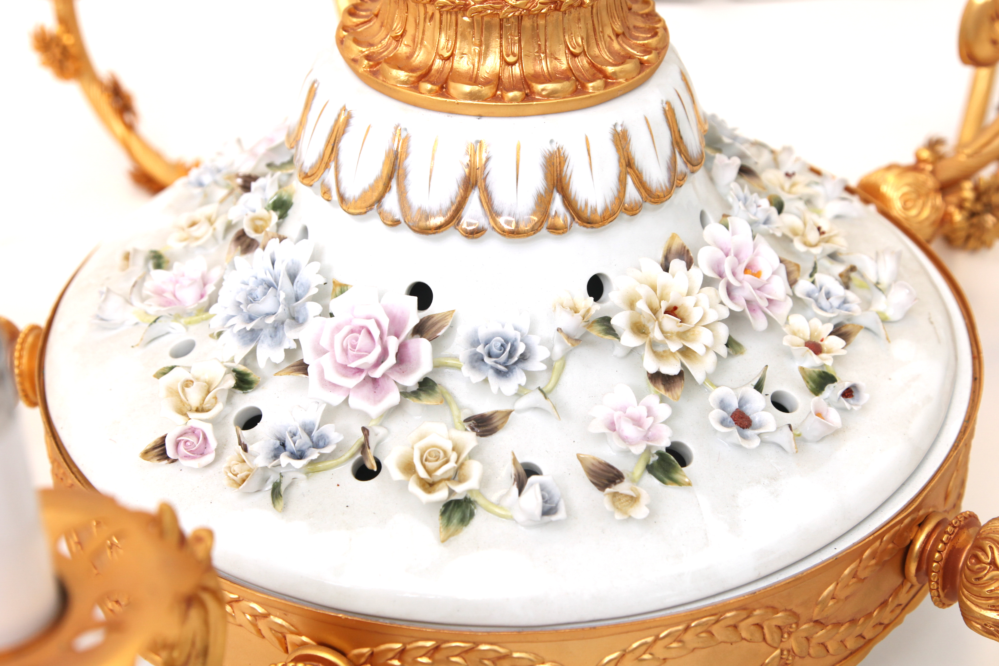 White and Gold Tone Porcelain and Metal Ceiling Mount Chandelier