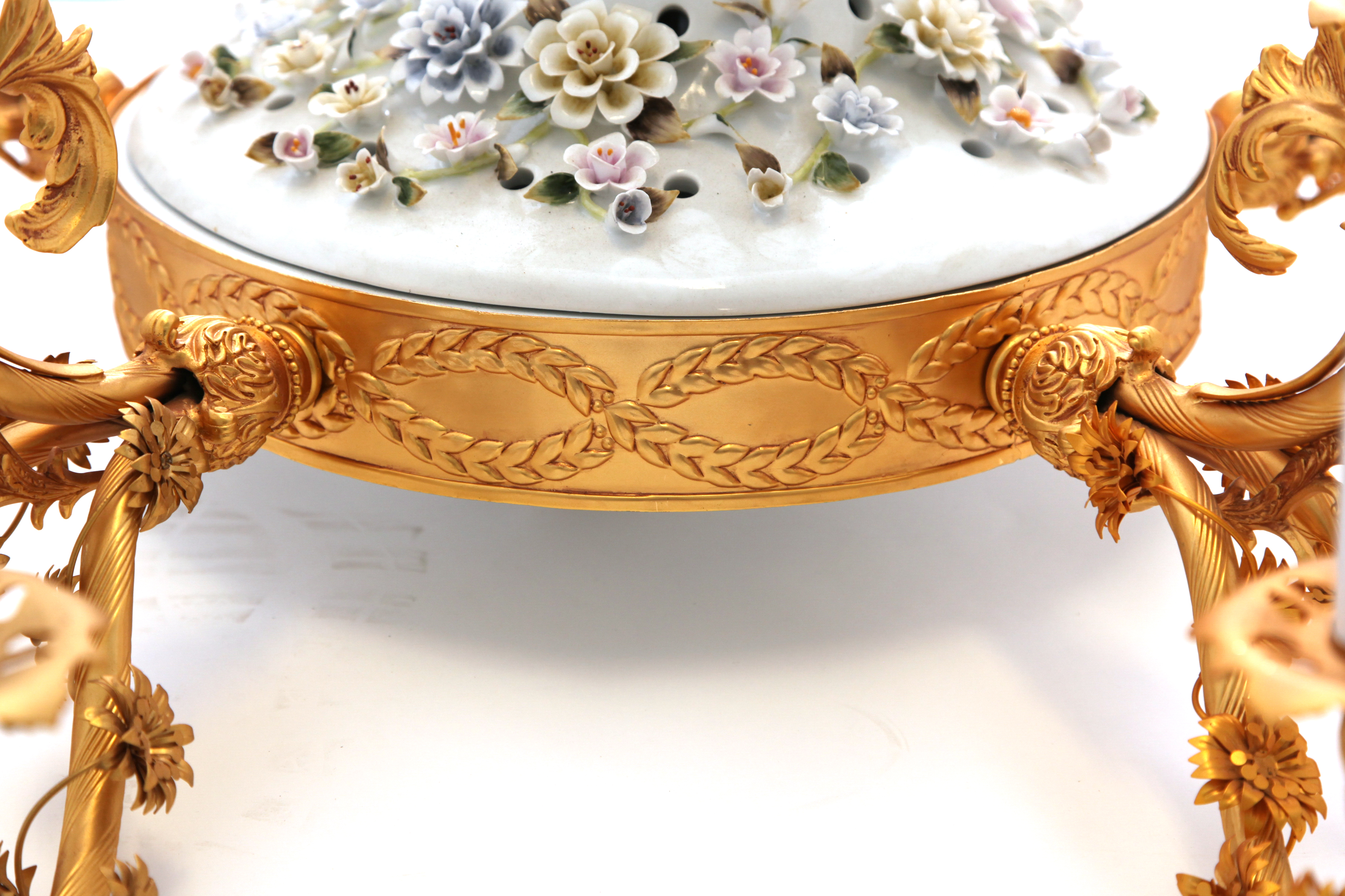 White and Gold Tone Porcelain and Metal Ceiling Mount Chandelier