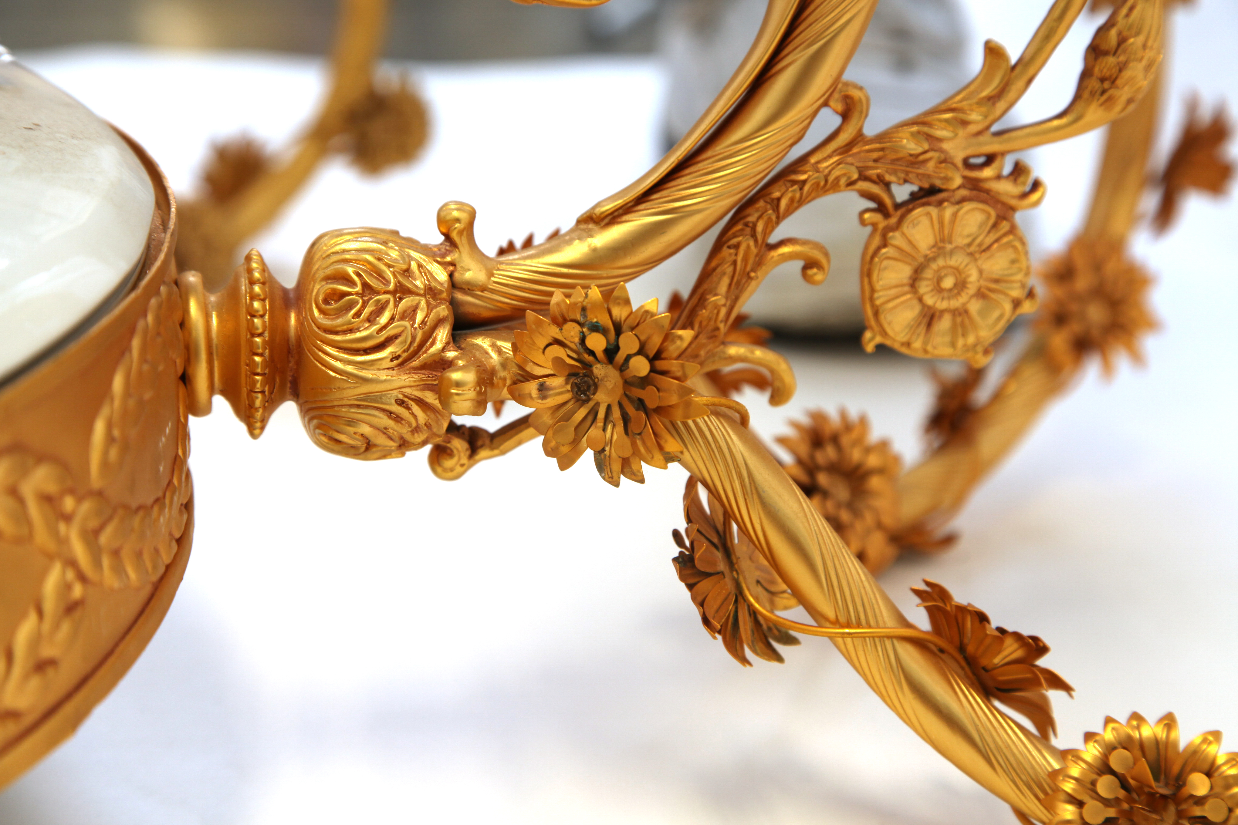 White and Gold Tone Porcelain and Metal Ceiling Mount Chandelier