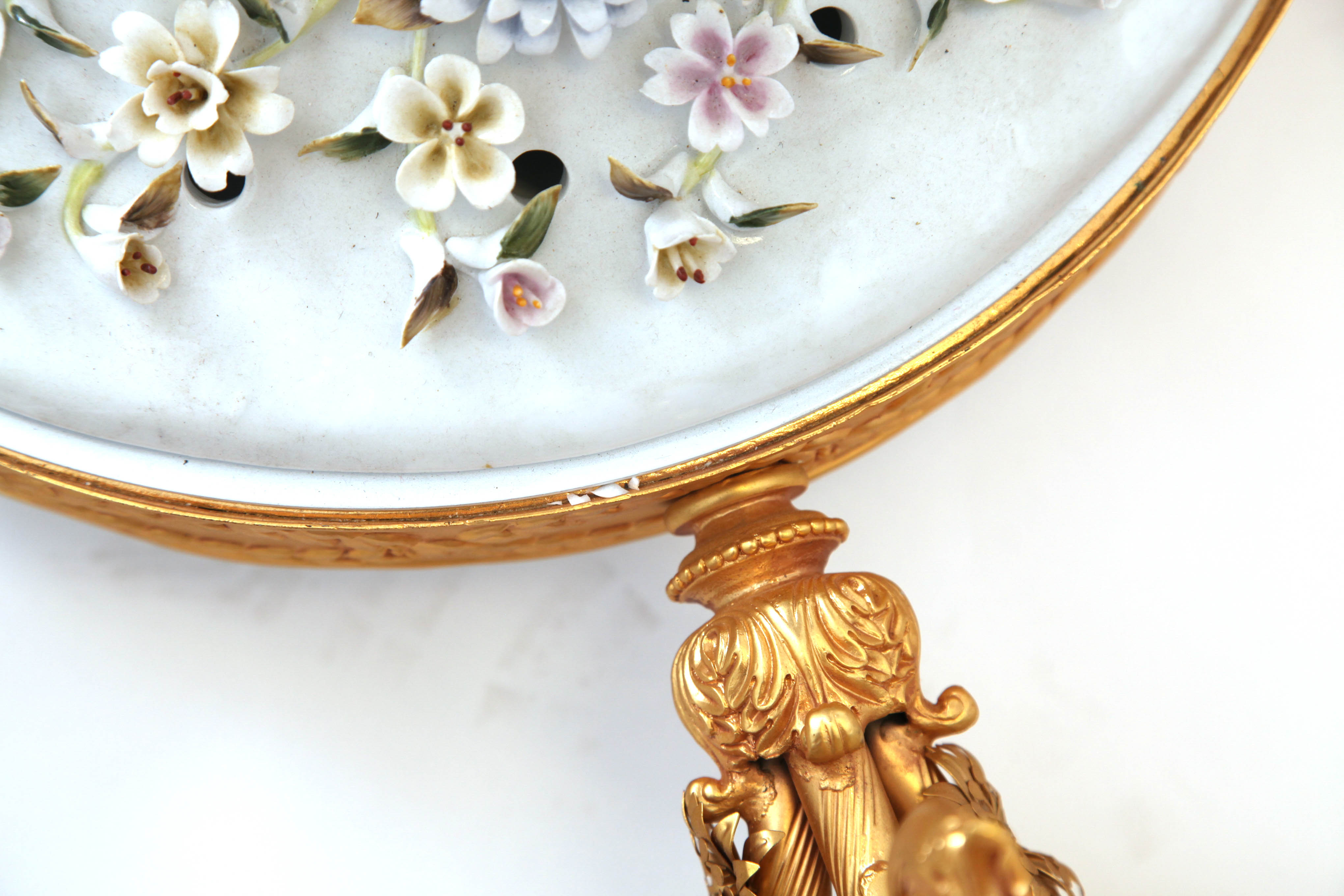 White and Gold Tone Porcelain and Metal Ceiling Mount Chandelier