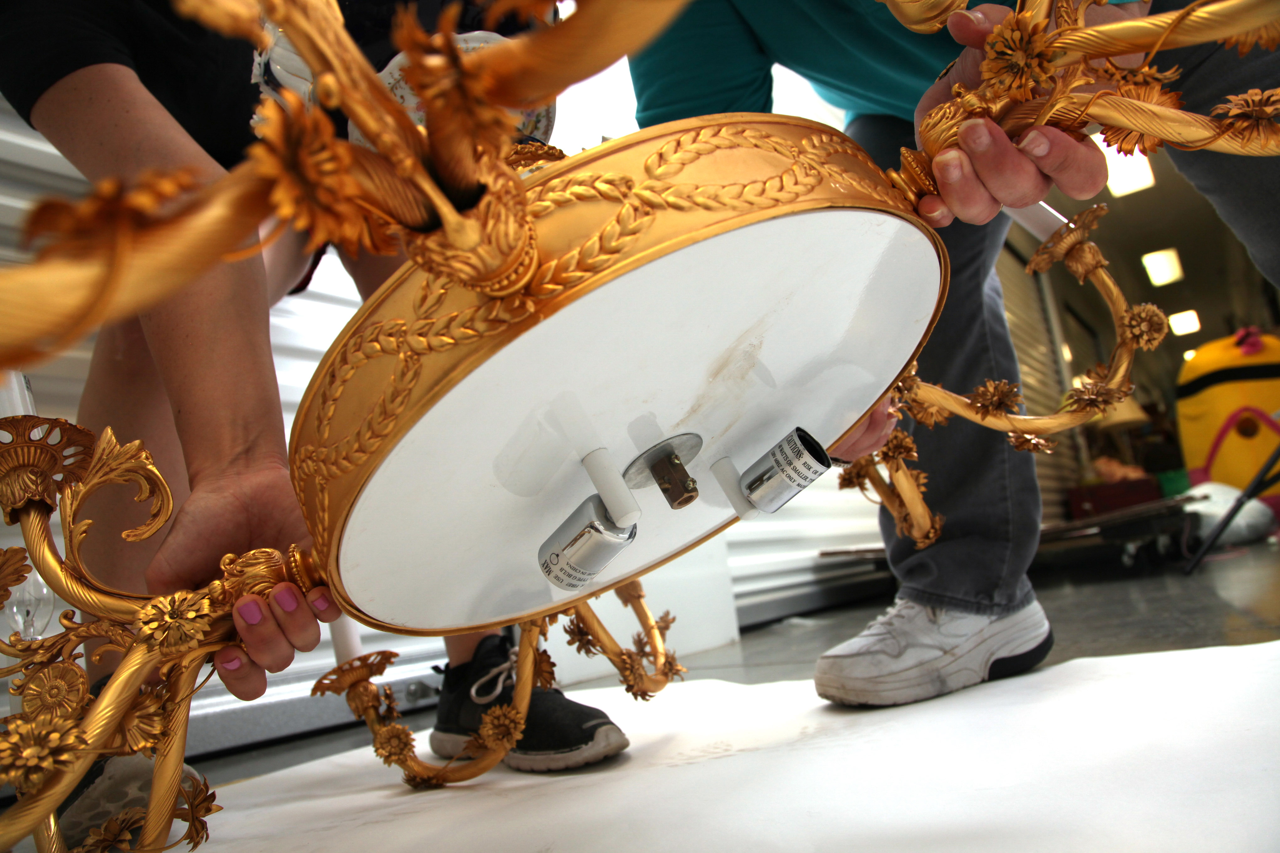 White and Gold Tone Porcelain and Metal Ceiling Mount Chandelier